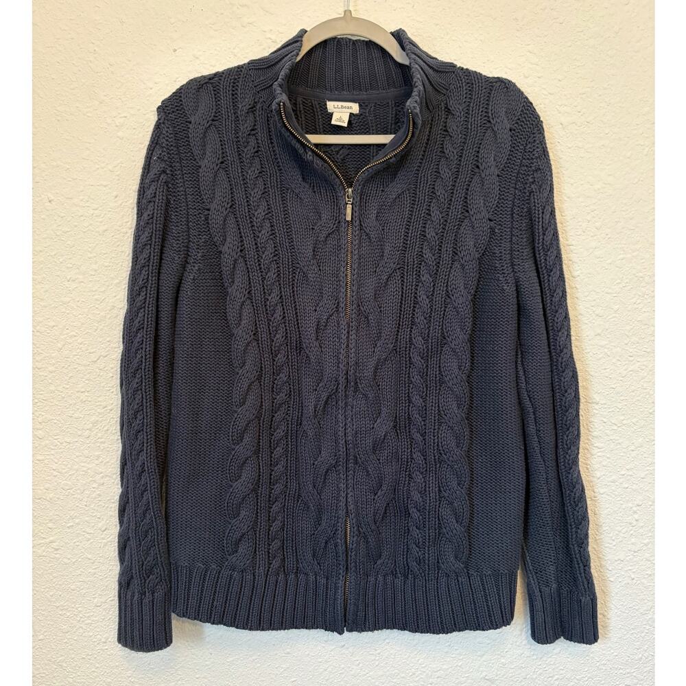 L.L. Bean Women's Double L Cable Sweater Zip Cardigan Blue Large Fisherman